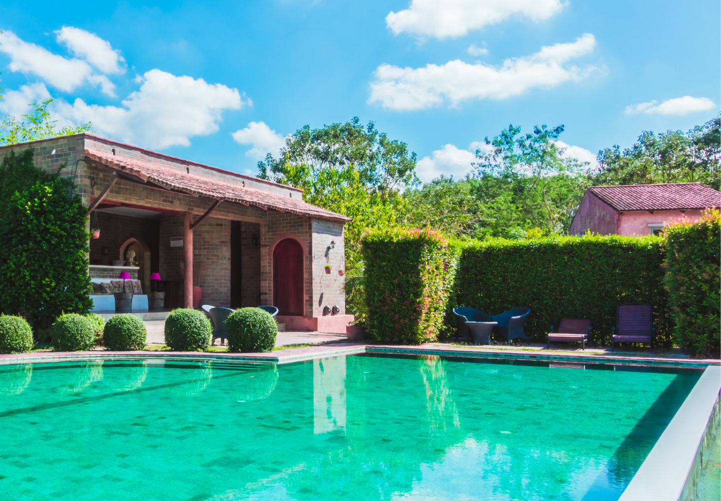 Piscina com casa e arbustos ao fundo.