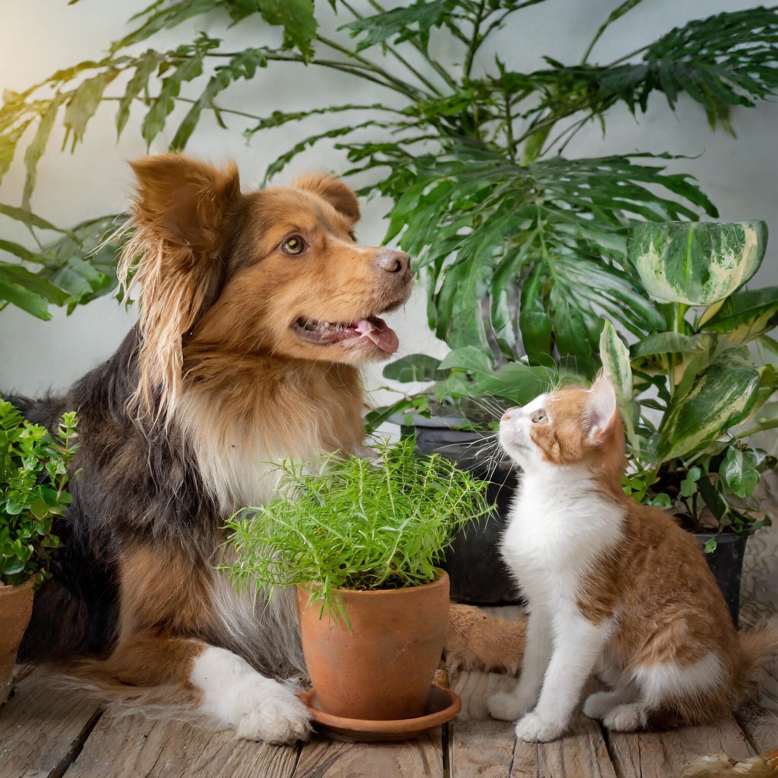 Pets cachorro e gato perto de plantas.