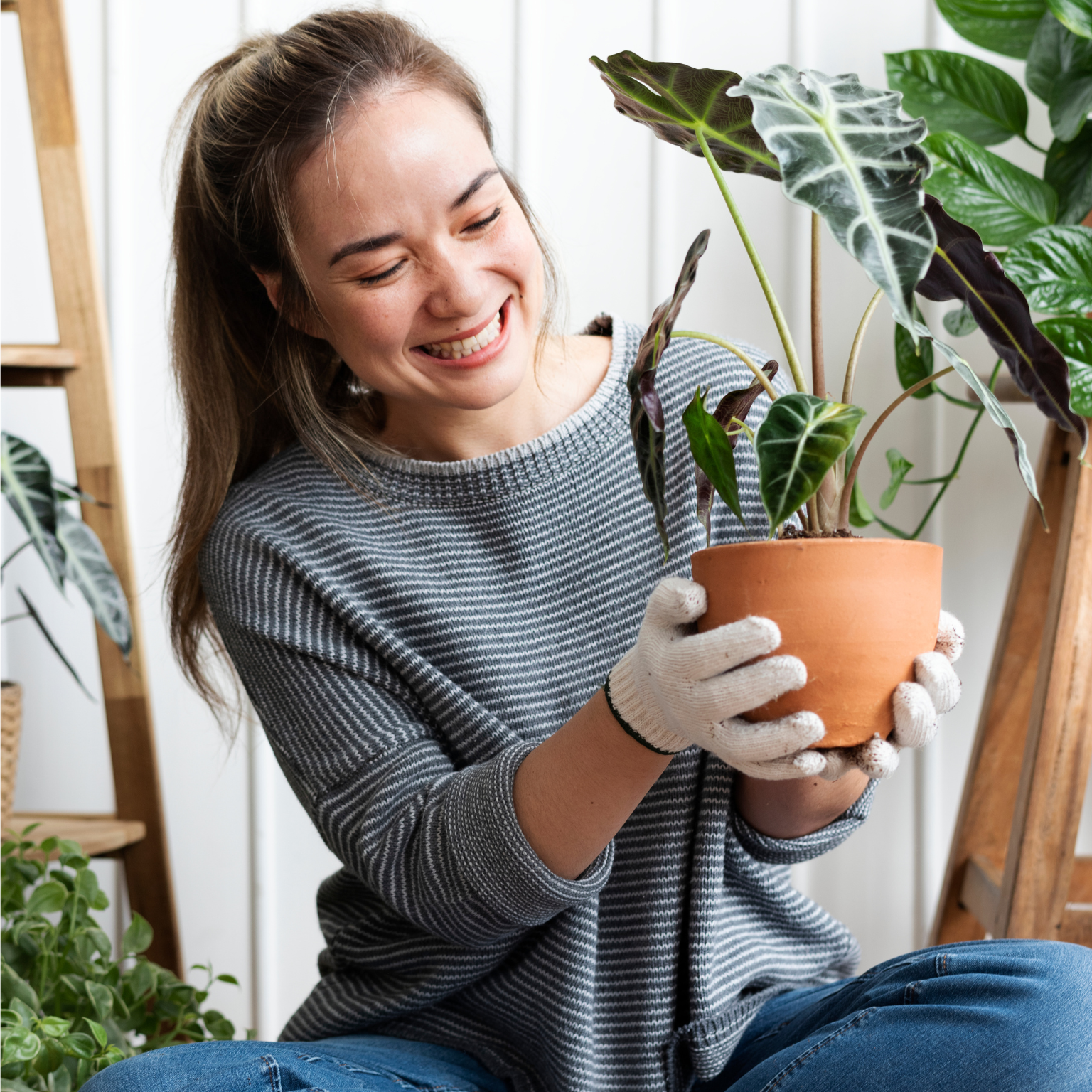 Mulher segurando vaso de planta e sorrindo